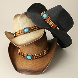 Turquoise Stone Pointed Wooden Beaded Band Western Straw Cowboy Fedora Hat