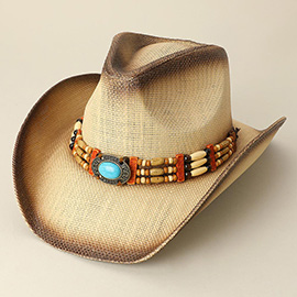 Turquoise Stone Pointed Wooden Beaded Band Western Straw Cowboy Fedora Hat