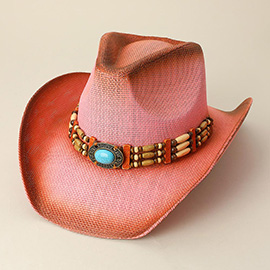 Turquoise Stone Pointed Wooden Beaded Band Western Straw Cowboy Fedora Hat