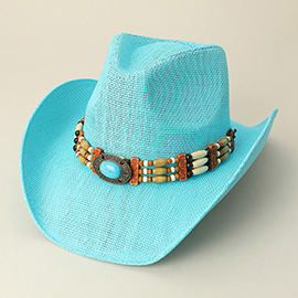 Turquoise Stone Pointed Wooden Beaded Band Western Straw Cowboy Fedora Hat