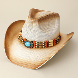 Turquoise Stone Pointed Wooden Beaded Band Western Straw Cowboy Fedora Hat