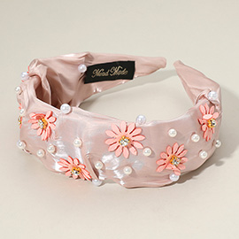 Flower Pearl Embellished Fabric Headband