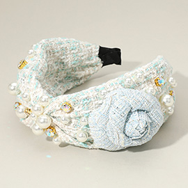 Tweed Flower Pointed Stone Cluster Pearl Embellished Knot Headband