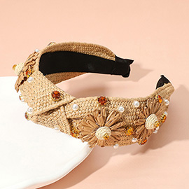 Paper Flower Pearl Stone Cluster Embellished Raffia Weave Knot Headband