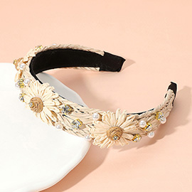 Paper Flower Pearl Stone Cluster Embellished Raffia Braided Headband