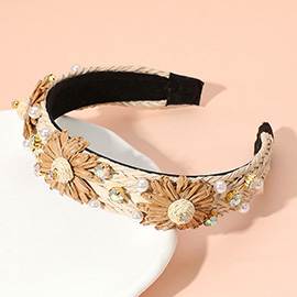 Paper Flower Pearl Stone Cluster Embellished Raffia Braided Headband