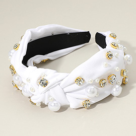 Pearl Round Stone Embellished Knot Burnout Headband