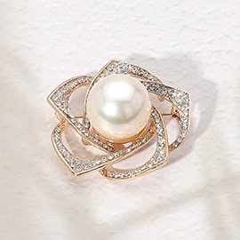 Pearl Pointed Stone Paved Flower Pin Brooch