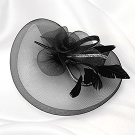 Rhinestone Rim Mesh Bow Flower Feather Pointed Fascinator / Headband
