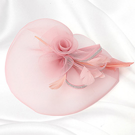 Rhinestone Rim Mesh Bow Flower Feather Pointed Fascinator / Headband