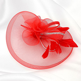 Rhinestone Rim Mesh Bow Flower Feather Pointed Fascinator / Headband