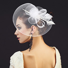 Rhinestone Rim Mesh Bow Flower Feather Pointed Fascinator / Headband