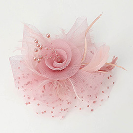 Pearl Stamen Flower Feather Veil Fascinator / Headband
