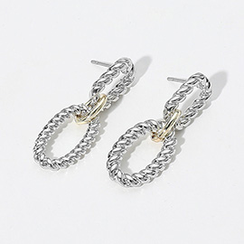 14K Gold Plated Two Tone Rope Oval Ring Link Earrings