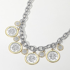 14K Gold Plated Two Tone Cross Embossed Medal Charm Station Necklace