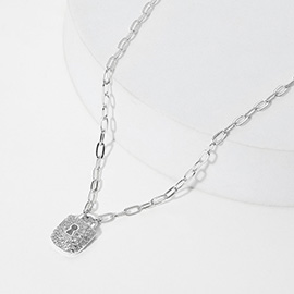 14K Gold Plated CZ Stone Paved Lock Pendant Paperclip Chain Necklace