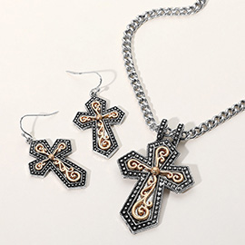 Two Tone Metal Intricate Scroll Pendant Necklace