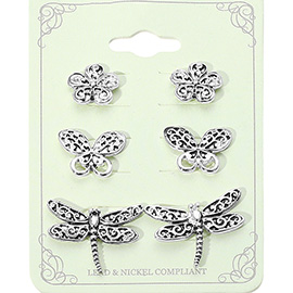 3Pairs - Antique Metal Flower Butterfly Dragonfly Stud Earring Set
