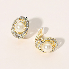 Stone Paved Rim Pearl Clip On Earrings