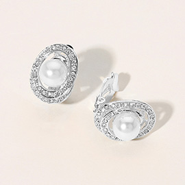 Stone Paved Rim Pearl Clip On Earrings