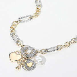 14K Gold Plated CZ Stone Paved Circle Ball Heart Charm Pendant Industrial Chain Necklace