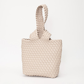 Faux Leather Basket Weave Knotted Handle Handbag