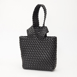 Faux Leather Basket Weave Knotted Handle Handbag
