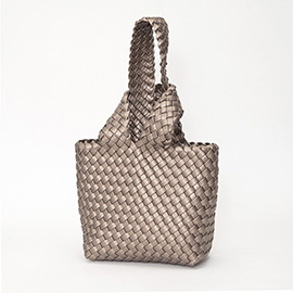 Faux Leather Basket Weave Knotted Handle Handbag