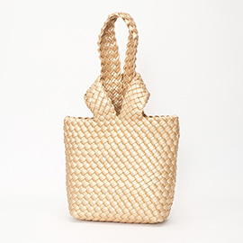 Faux Leather Basket Weave Knotted Handle Handbag