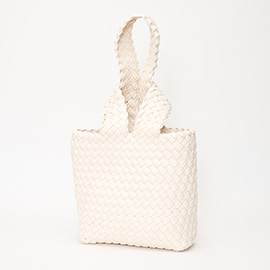 Faux Leather Basket Weave Knotted Handle Handbag