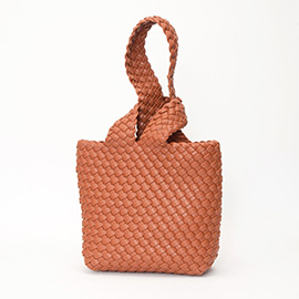 Faux Leather Basket Weave Knotted Handle Handbag
