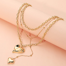 Metal Heart Pendant Layered Textured Chain Necklace
