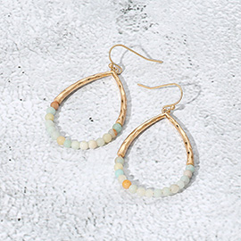 Hammered Metal Stone Beaded Open Teardrop Dangle Earrings