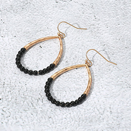 Hammered Metal Stone Beaded Open Teardrop Dangle Earrings