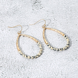 Hammered Metal Stone Beaded Open Teardrop Dangle Earrings
