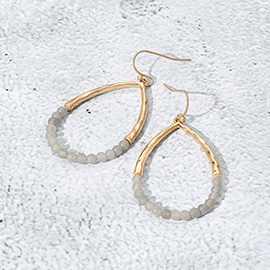 Hammered Metal Stone Beaded Open Teardrop Dangle Earrings