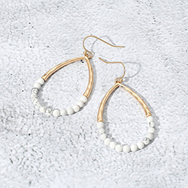 Hammered Metal Stone Beaded Open Teardrop Dangle Earrings