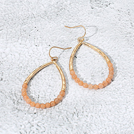 Hammered Metal Stone Beaded Open Teardrop Dangle Earrings