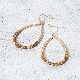 Hammered Metal Stone Beaded Open Teardrop Dangle Earrings