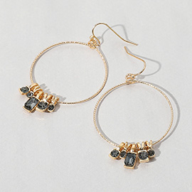 Stone Cluster Beaded Brushed Metal Wire Ring Dangle Earrings