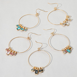 Stone Cluster Beaded Brushed Metal Wire Ring Dangle Earrings