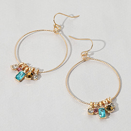 Stone Cluster Beaded Brushed Metal Wire Ring Dangle Earrings