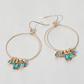 Stone Cluster Beaded Brushed Metal Wire Ring Dangle Earrings