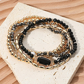 5PCS - Stone Charm Pointed Metal Ball Pearl Faceted Beaded Stretch Multi Layered Bracelets