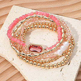 5PCS - Stone Charm Pointed Metal Ball Pearl Faceted Beaded Stretch Multi Layered Bracelets
