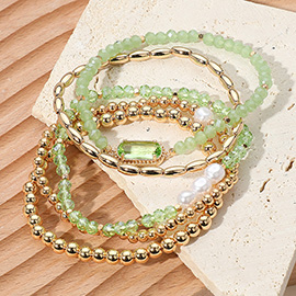 5PCS - Stone Charm Pointed Metal Ball Pearl Faceted Beaded Stretch Multi Layered Bracelets