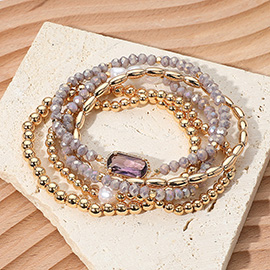 5PCS - Stone Charm Pointed Metal Ball Pearl Faceted Beaded Stretch Multi Layered Bracelets