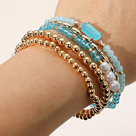 5PCS - Stone Charm Pointed Metal Ball Pearl Faceted Beaded Stretch Multi Layered Bracelets