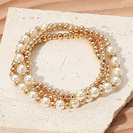 3PCS - Pearl Metal Ball Beaded Stretch Multi Layered Bracelets