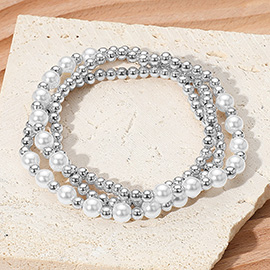 3PCS - Pearl Metal Ball Beaded Stretch Multi Layered Bracelets
